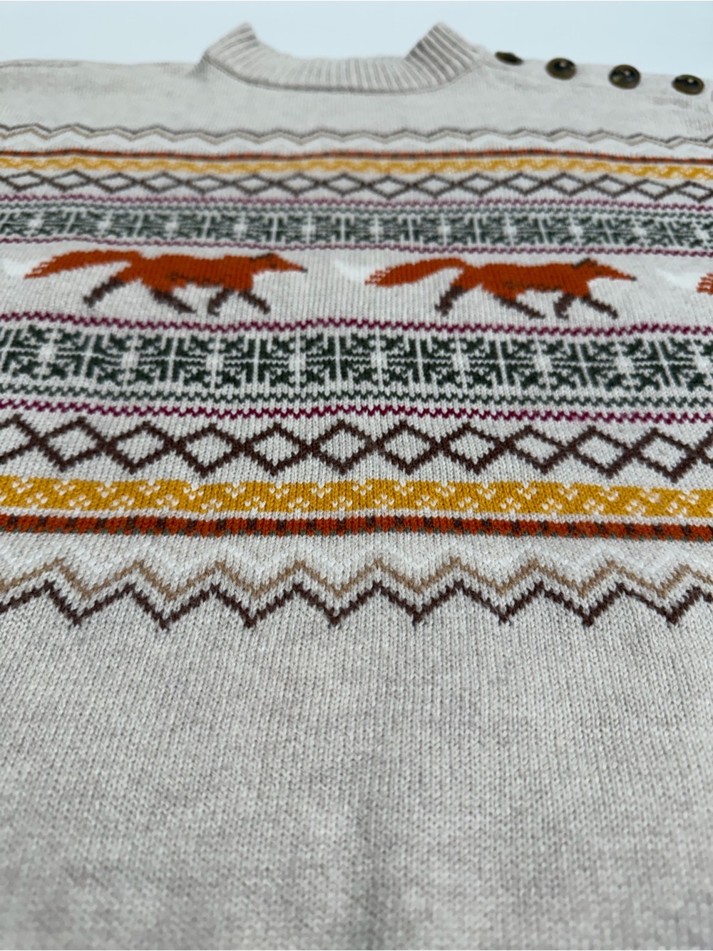 Talbots Fox Fair Isle Mock Neck Sweater Medium Button Shoulder Cottagecore Fall - Picture 4 of 10